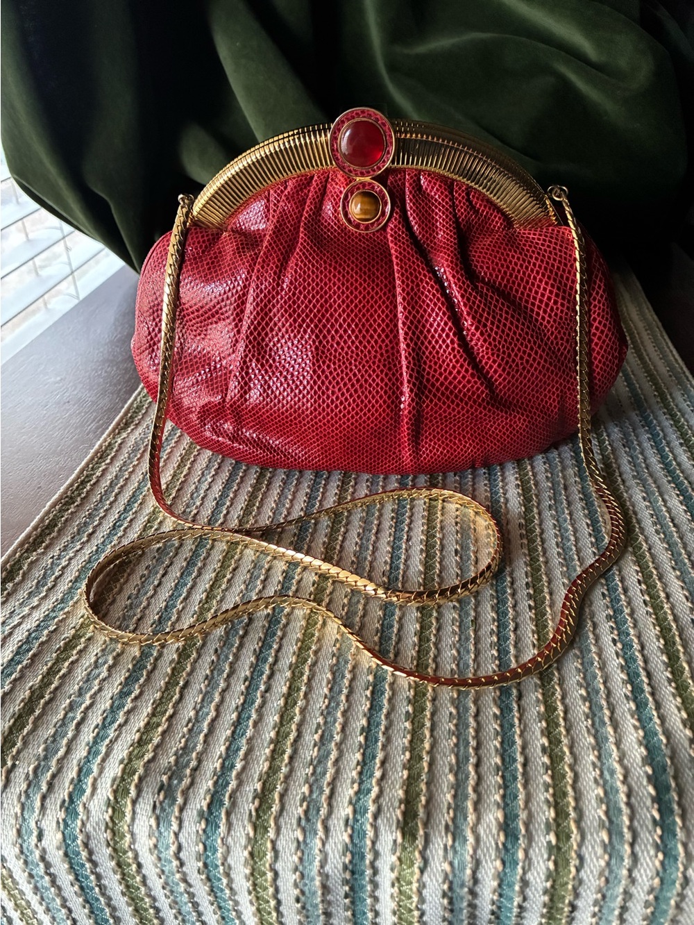 Judith Leiber Red Lizard-Textured Evening Clutch with Gold Chain